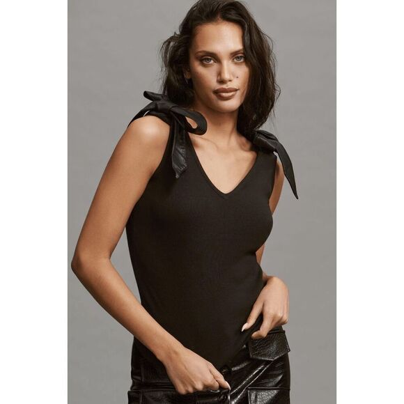 NWT Maeve Anthropologie Leather Bow strap tank top black XS - Picture 1 of 15